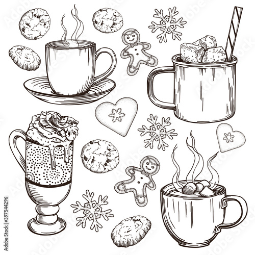 Hand drawn set of warming beverages. Winter illustration with hot drinks and cookies. Taste of Christmas. Black outlines isolated on white background.