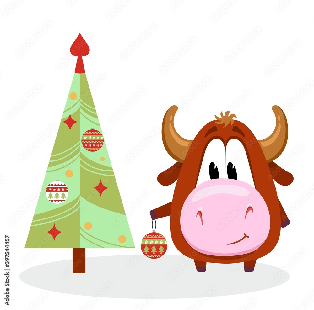 Fototapeta premium Cute bull decorates Christmas tree. Chinese new year 2021 illustration with ox holding christmas tree toy decorating for christmas tree. Vector illustration.Isolated on white.
