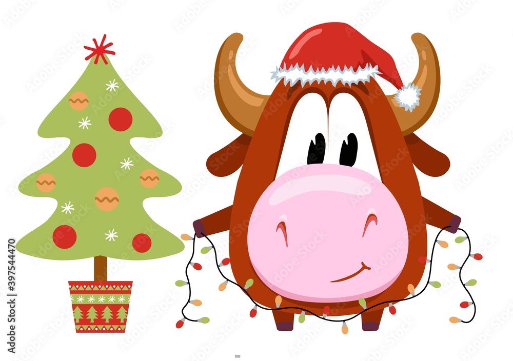 Naklejka premium Cute bull decorates Christmas tree. Chinese new year 2021 illustration with ox holding garland decorating for christmas tree. Vector illustration.Isolated on white.