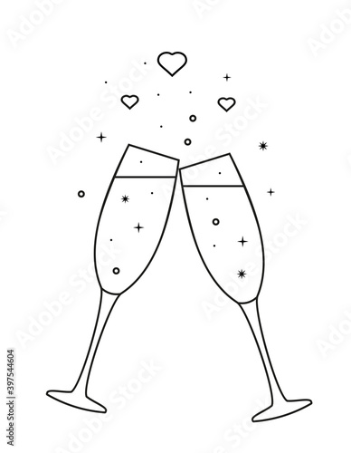 Two glasses of champagne icon. Line drawing. Vector illustration