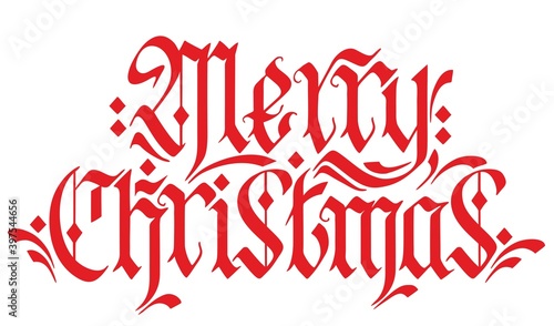 Merry christmas red hand lettering inscription to winter holiday design, calligraphy vector illustration. Beautiful inscription in Gothic font.