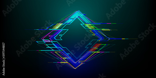 Futuristic glitch rhombus in cyberpunk style. Modern glowing geometry shape with distortion effect. Good for design promo electronic music events, games, banners, web. Vector illustration photo