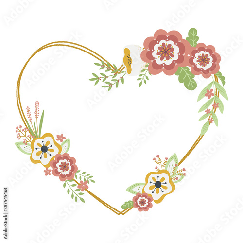 Floral heart frame with hand drawn flowers and foliage. Heart frame decorated with hand drawn flowers. flat style vector illustration.
