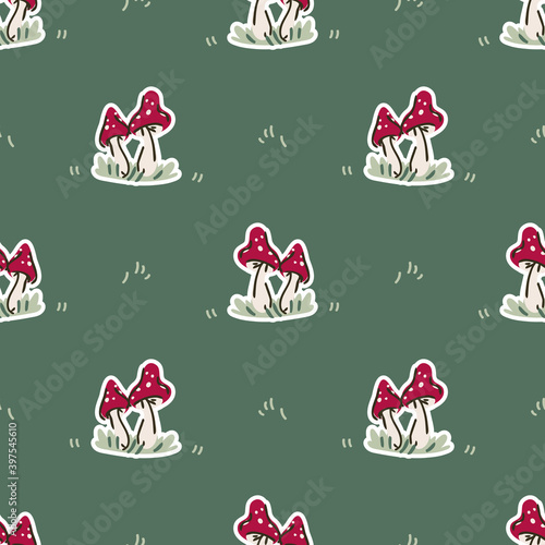 Cute gender neutral toadstool vector pattern. Fungi fly agaric home decor cartoon mushroom. Seamless boho poisonous mycology all over print. 