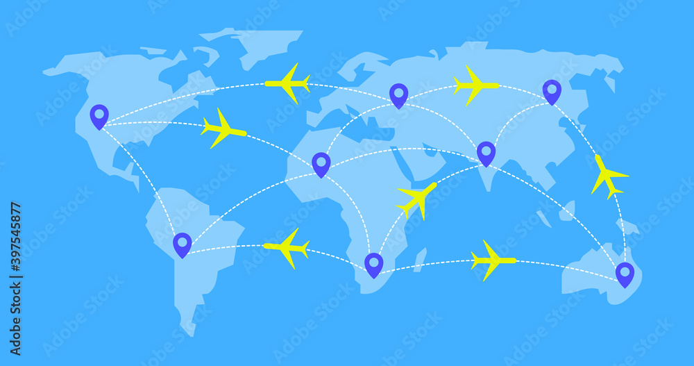 world travel map blue vector illustration with pointers on all continents and planes. world global network logistics. world map plane logistic