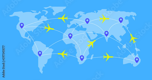 world travel map blue vector illustration with pointers on all continents and planes. world global network logistics. world map plane logistic