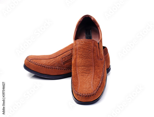 Brown leather men's fashion shoes on white background