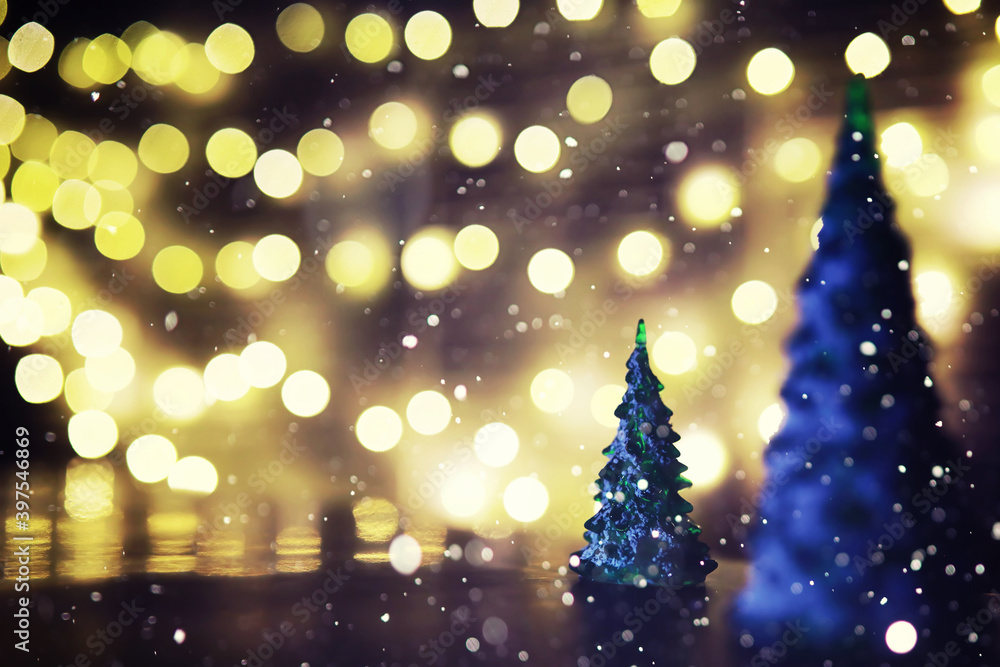 Fototapeta Winter holiday background with frozen fir, glitter lights, bokeh. Christmas and New Year holiday background with copy space.