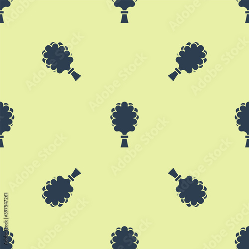 Blue Sauna broom icon isolated seamless pattern on yellow background. Broom from birch twigs, branches for Russian steam bath, sauna, washhouse. Vector.