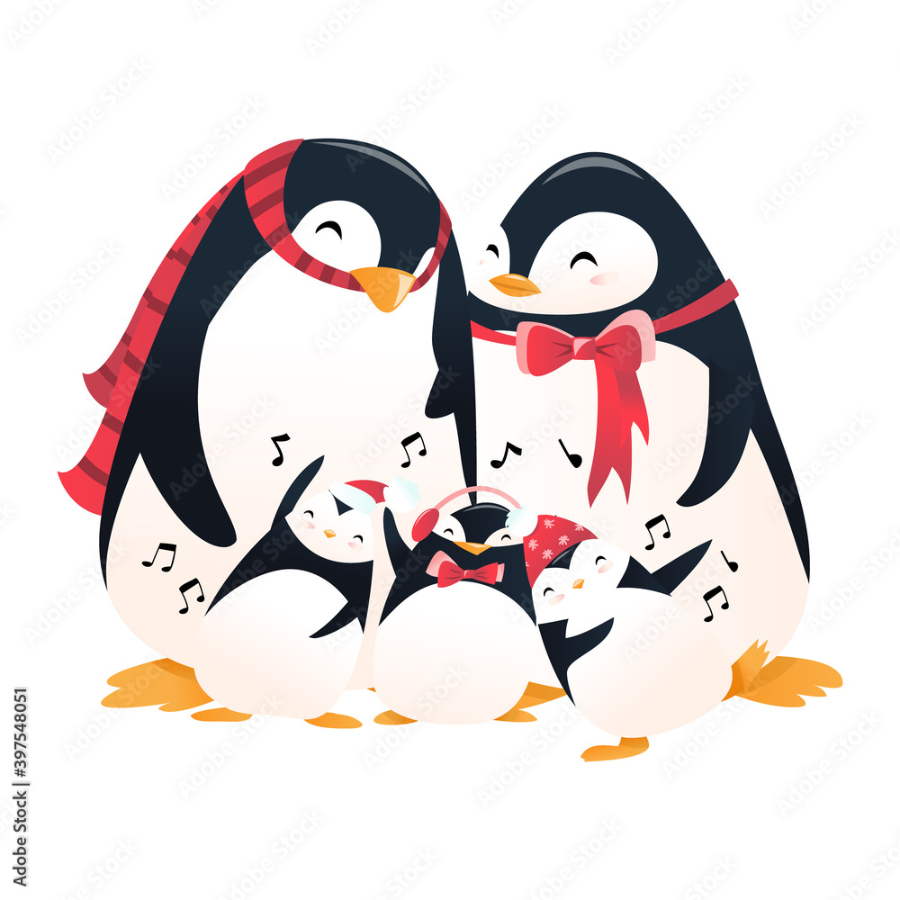 Naklejka premium Super Cute Cartoon Holiday Penguin Family