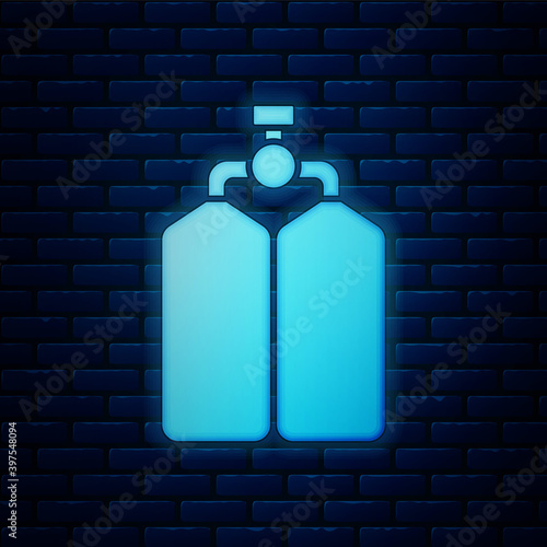 Glowing neon Aqualung icon isolated on brick wall background. Oxygen tank for diver. Diving equipment. Extreme sport. Diving underwater equipment. Vector.