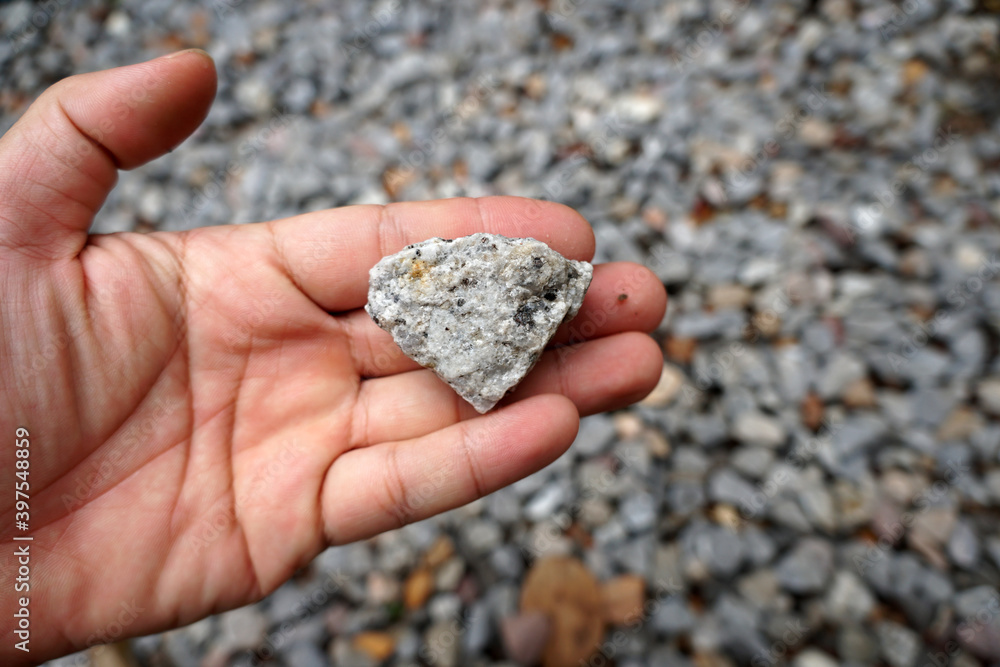 a piece of pegmatite granite rock in a hand. Igneous Rock Specimen. a piece of pegmatite granite rock in a hand. Igneous Rock Specimen.