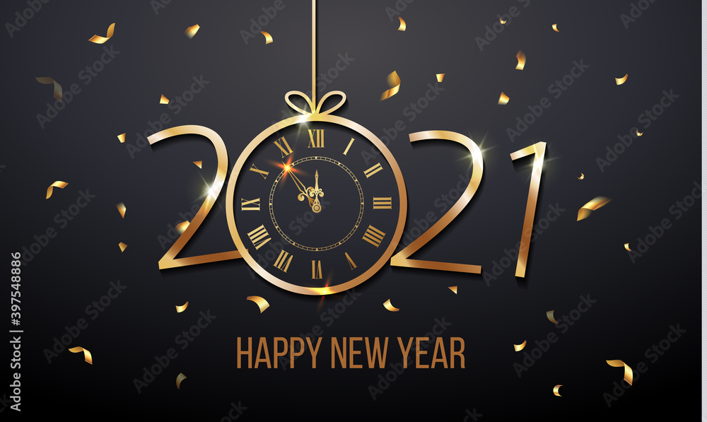 Fototapeta premium Happy New Year 2021 and Christmas card with golden text and clock. Vector. Vector illustration