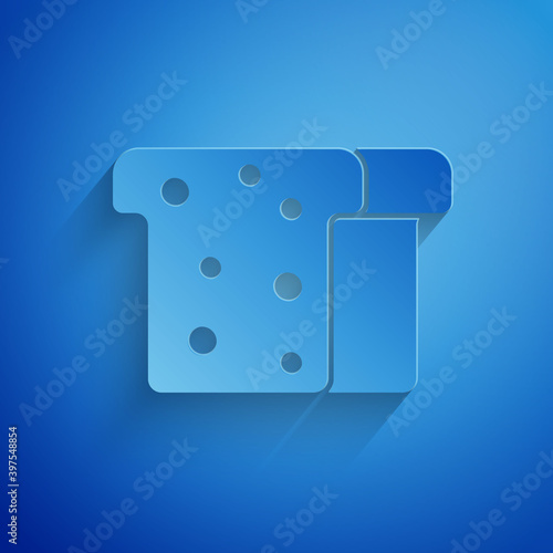 Paper cut Bread toast for sandwich piece of roasted crouton icon isolated on blue background. Lunch, dinner, breakfast snack. Paper art style. Vector.