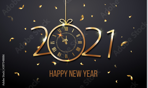 Happy New Year 2021 and Christmas card with golden text and clock. Vector. Vector illustration