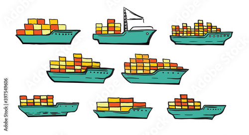 Ferry hand drawn illustration.  Icons set. Vector.