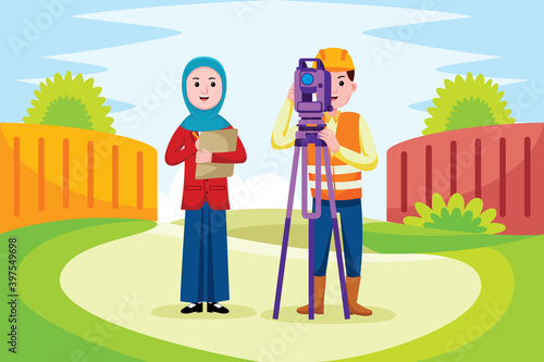 Land Surveyor Profession with vector illlustration. Flat design with cartoon characters.