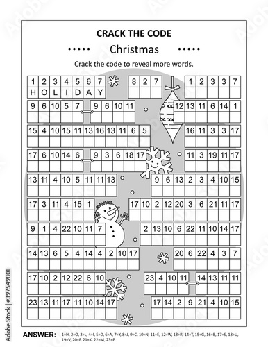 Crack the code word game, or codebreaker word puzzle, with various Christmas holiday related words and phrases. Answer included.

