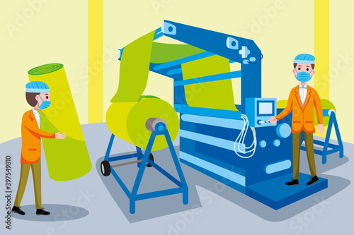Textile Machinery Worker Profession with vector illlustration. Flat design with cartoon characters.