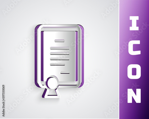 Paper cut Certificate template icon isolated on grey background. Achievement, award, degree, grant, diploma concepts. Paper art style. Vector.