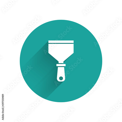 White Putty knife icon isolated with long shadow. Spatula repair tool. Spackling or paint instruments. Green circle button. Vector.