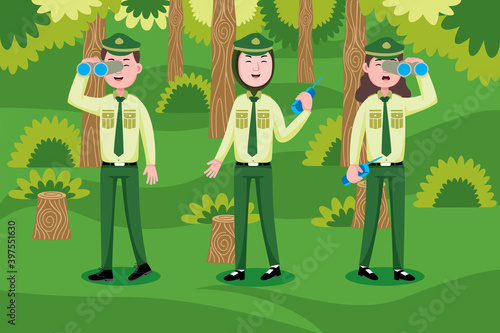 Forest Ranger with vector illlustration. Flat design with cartoon characters.