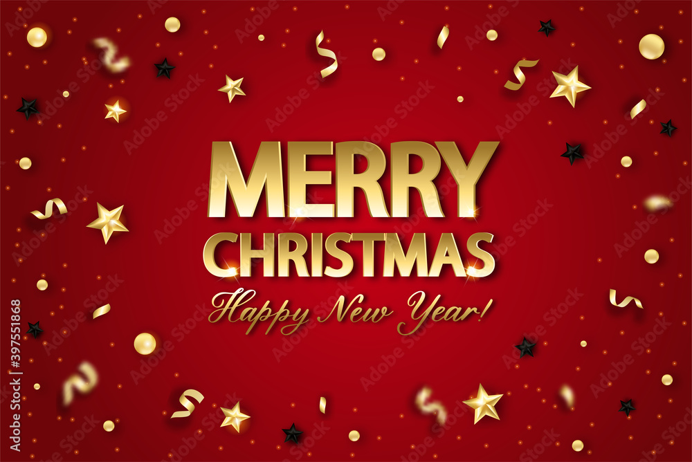 Christmas background with shining gold star and confetti. Merry Christmas card illustration on red background.