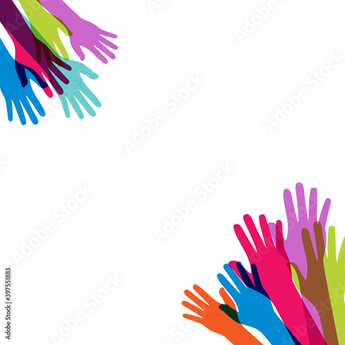 Multicultural and multiethnic people community integration concept with raise...