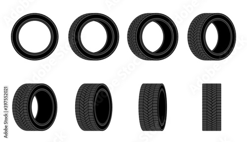 Car tire vector icon. Different angles tires wheel. Flat design.