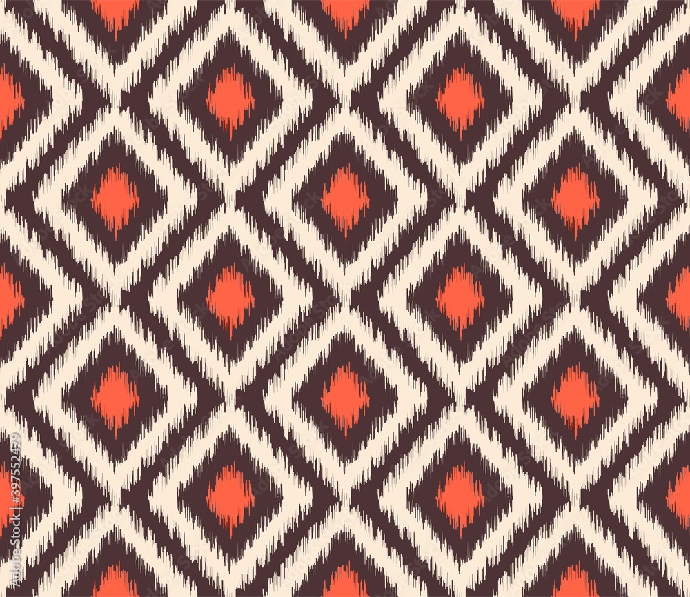Vector simple ikat geometric shapes seamless pattern traditional style with modern brown color background.