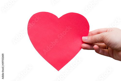red heart made of paper in hand isolated on white