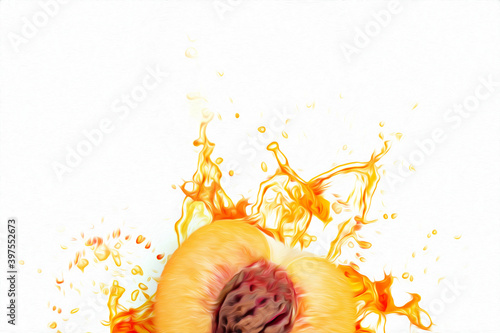 Cut peach fruit in splashes of orange juice top view. Concept for fruit background, food, freshness, billboard, poster. 3D illustration, 3D render. © Aliaksandr Marko