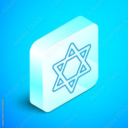 Isometric line Star of David icon isolated on blue background. Jewish religion symbol. Symbol of Israel. Silver square button. Vector.