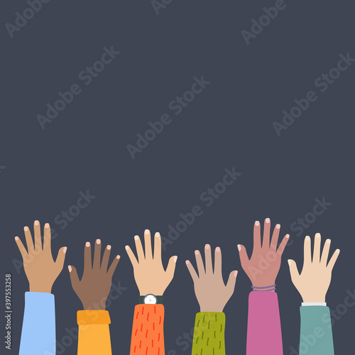 Multicultural and multiethnic people community integration concept with raise...