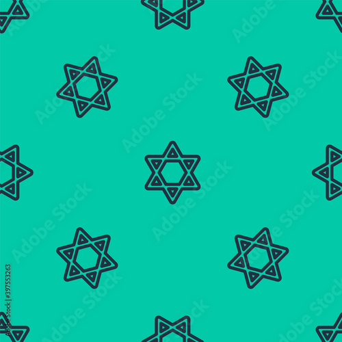 Blue line Star of David icon isolated seamless pattern on green background. Jewish religion symbol. Symbol of Israel. Vector.