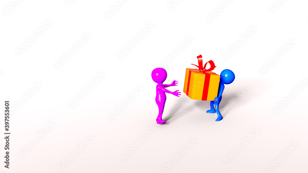 Stickman brings a present for an Stickwoman. Stickman in blue, Stickwoman in pink, isolated on a white background. 3d Illustration, 3d Renderind, 3d Art. Stickman brings a present for an Stickwoman. Stickman in blue, Stickwoman in pink, isolated on a white background. 3d Illustration, 3d Renderind, 3d Art.