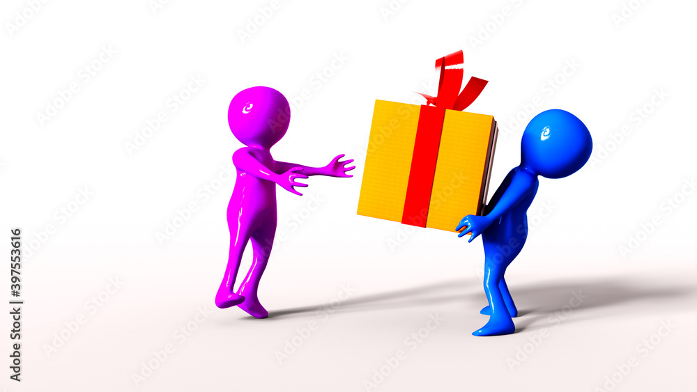 Stickman brings a present for an Stickwoman. Stickman in blue, Stickwoman in pink, isolated on a white background. 3d Illustration, 3d Renderind, 3d Art. Stickman brings a present for an Stickwoman. Stickman in blue, Stickwoman in pink, isolated on a white background. 3d Illustration, 3d Renderind, 3d Art.
