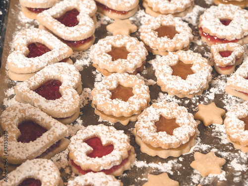 baking tray or cookie sheet with Spitzbuben or linzer cookies