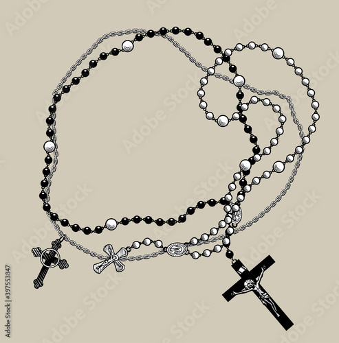 Engraved vintage drawing of Prayer beads collection with and crosses with the crucifixion photo