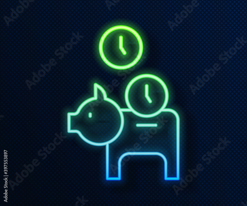 Glowing neon line Piggy bank with coin icon isolated on blue background. Icon saving or accumulation of money, investment. Vector.