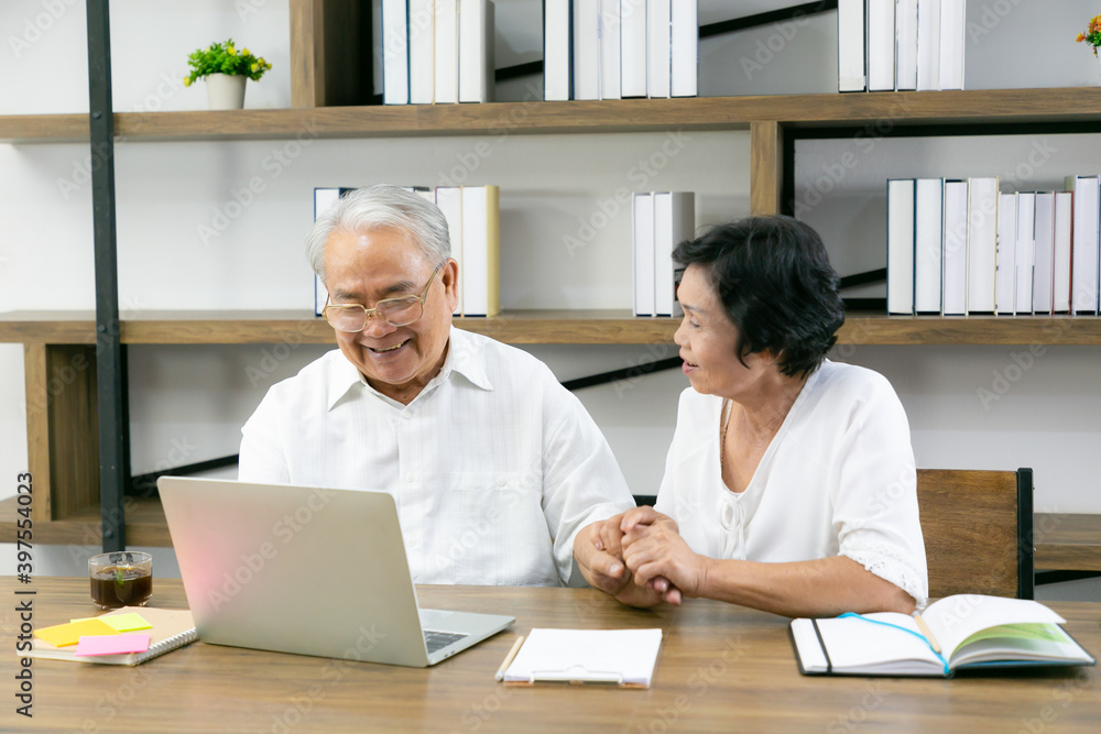 Senior couple working out their bills at home in the living room. Senior couple working out their bills at home in the living room.