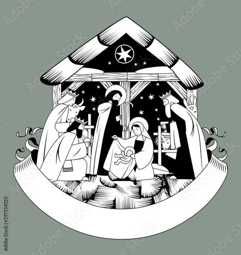 Engraved vintage drawing of a Christmas greeting card with a scene of the Nativity of Christ and Adoration of the Magi and retro ribbon banner in black and white