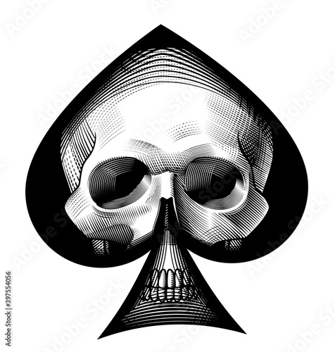 Engraved vintage drawing of a Human skull full face in ace of spades frame