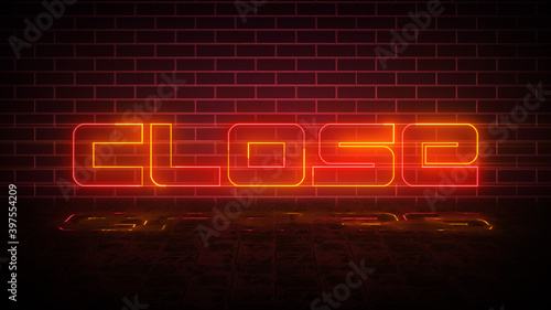 Red And Yellow Glowing Light Close Text Lettering Neon Signs With Reflection Light On The Floor On Dark Red Brick Wall Background