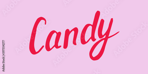 Doodle candy illustration. Hand drawn dessert isolated on pink background. Vector festive icon for candy shop poster. Sweet unhealthy food. Lettring.