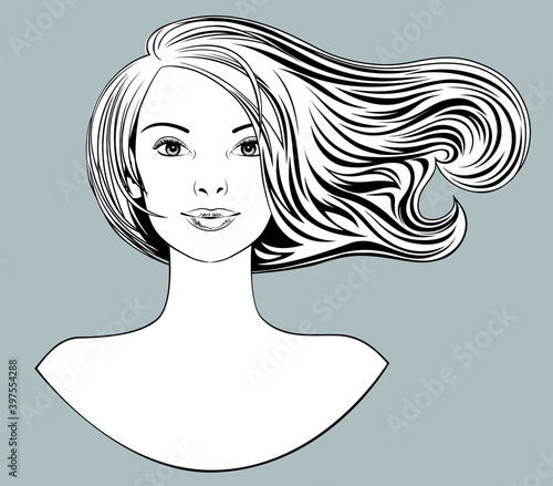 Engraved vintage drawing of a Head of a blonde girl with loose flowing hair and bare shoulders