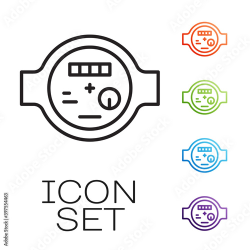 Black line Water meter icon isolated on white background. Set icons colorful. Vector.