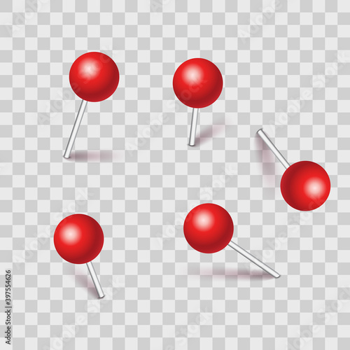 Set of plastic pushpins pins with shadow isolated on transparent background. Vector Illustratio