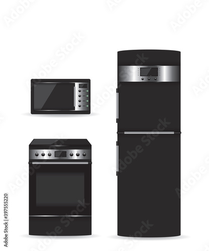Set of black household appliances Microwave refrigerator and stove