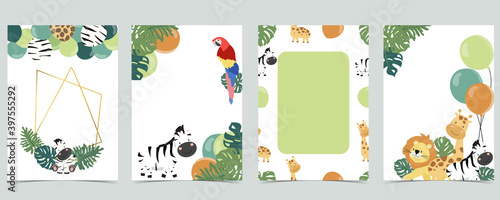 Green collection of jungle frame set with leaf,leaves,parrot,balloon vector illustration for birthday invitation,postcard and sticker